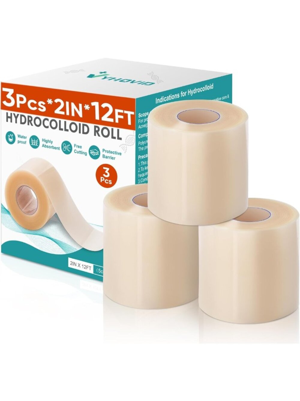Hydrocolloid Wound Care Roll - 3 Rolls, 2in x 12ft Bandages for Healing Skin
